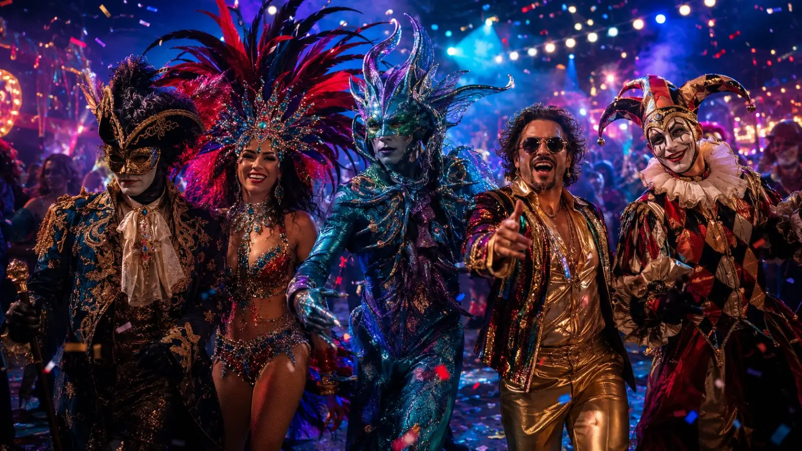 Portada del test «Qué disfraz de carnaval va contigo» con bailarines, máscaras, plumas, un bufón y luces de fiesta entre confeti