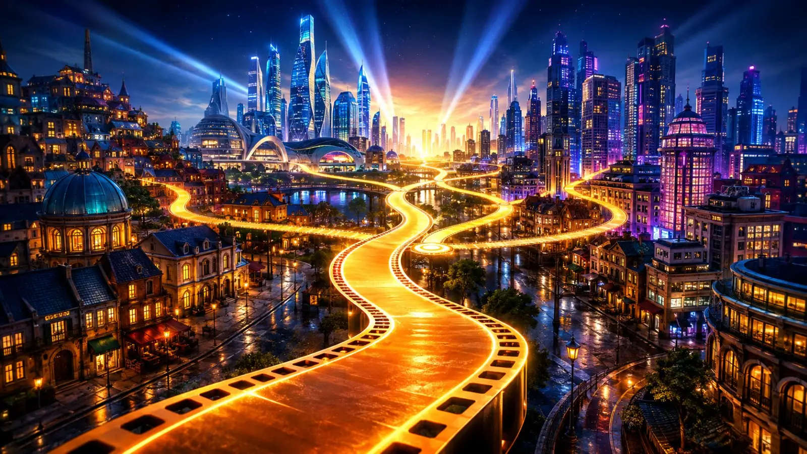 Portada del quiz de cine sobre ciudades de películas con una metrópolis futurista iluminada y una carretera dorada que atraviesa el paisaje urbano