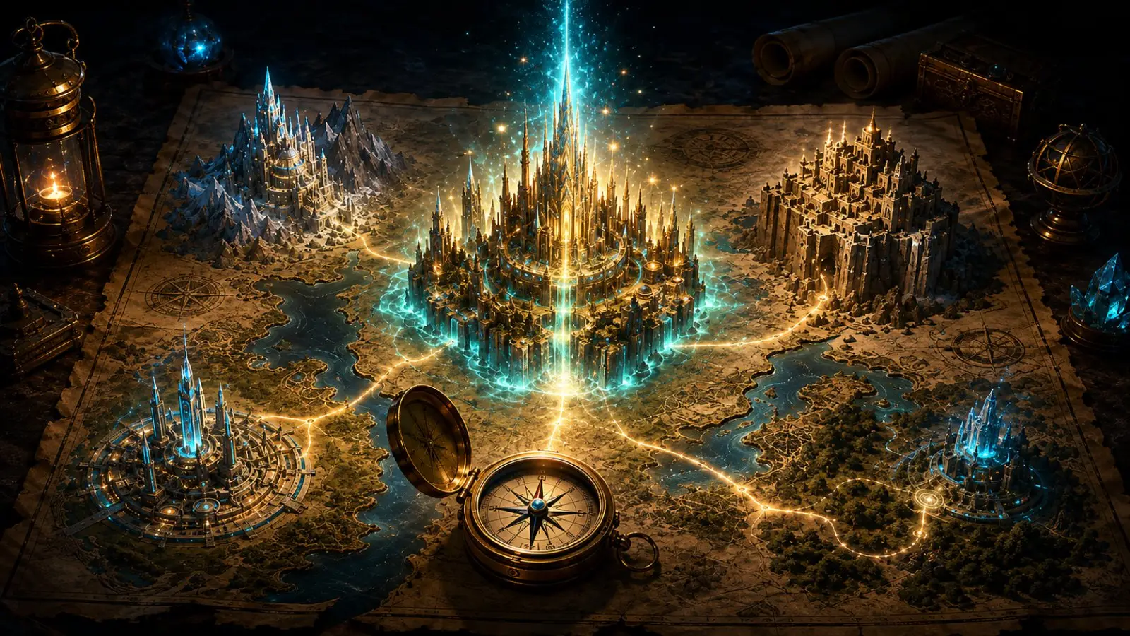 Portada del test de capitales reales y ficticias con un mapa fantástico, ciudades amuralladas, rutas luminosas y una brújula antigua