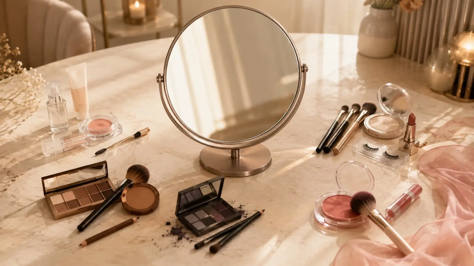 Obложка del quiz sobre tipos de maquillaje de TikTok con espejo de tocador, paletas, brochas, colorete y pintalabios en una mesa elegante