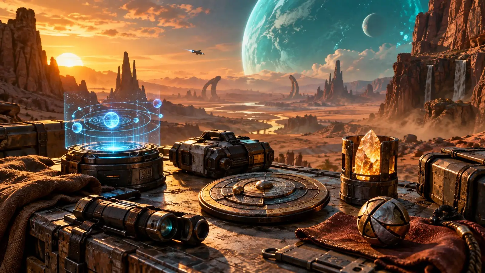 Obложка квиза sobre The Mandalorian and Grogu con artefactos futuristas sobre una mesa y un paisaje alienígena con planetas al fondo