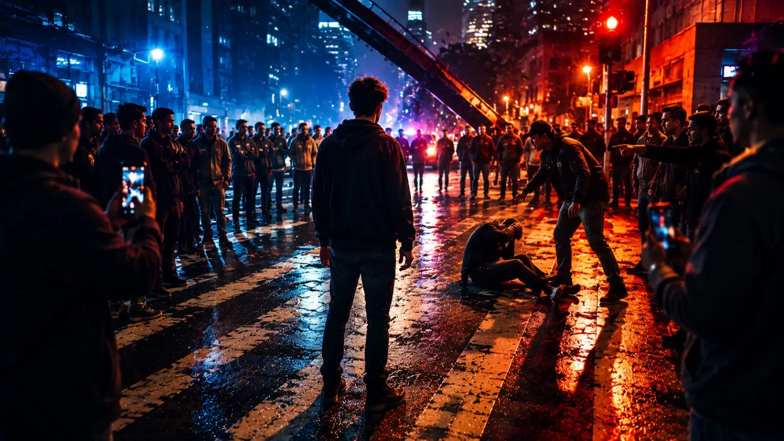 Portada del quiz «¿Cómo reaccionas ante una injusticia?» con una multitud en una calle nocturna y una persona enfrentándose a una situación tensa