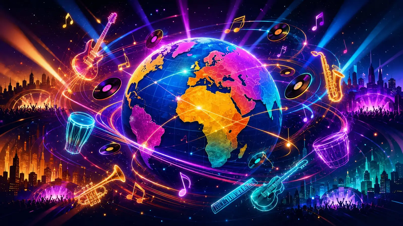 Portada del quiz de música con un globo terráqueo rodeado de guitarras, discos, notas y escenarios iluminados de distintos países