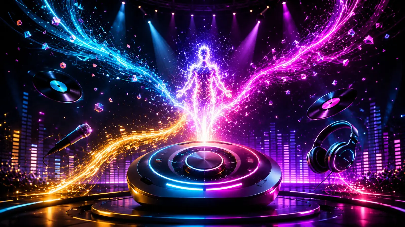 Portada del quiz musical para adivinar al artista por tres canciones, con una figura luminosa, mesa de DJ, vinilos y auriculares entre luces de neón