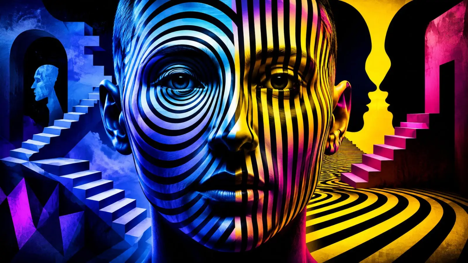 Portada del quiz sobre qué ilusión óptica se parece a ti, con un rostro cubierto de espirales y líneas, escaleras imposibles y fuertes contrastes de color