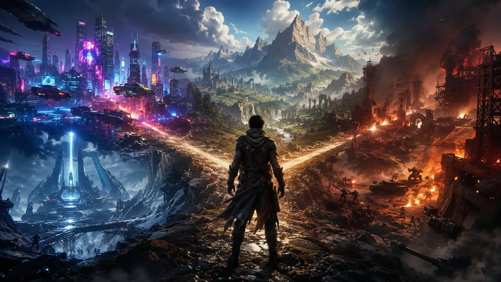 Portada del test sobre qué tipo de personaje de videojuego serías, con un héroe ante caminos hacia una ciudad futurista, montañas y un mundo en llamas
