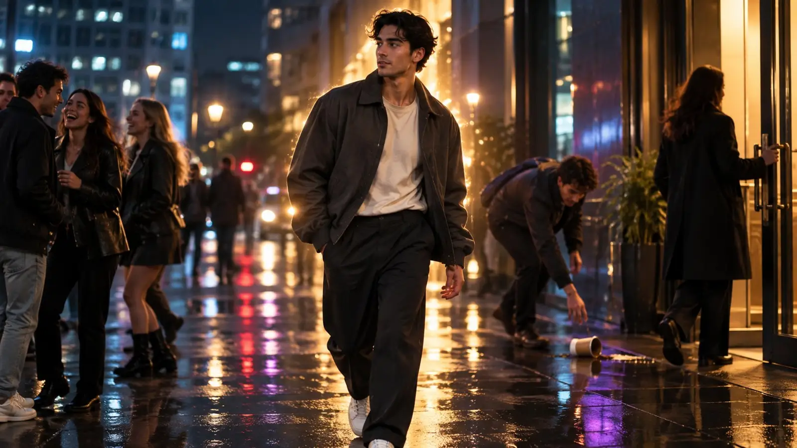 Portada de un test sobre el aura con un joven caminando con seguridad por una calle nocturna mojada entre luces urbanas y gente alrededor