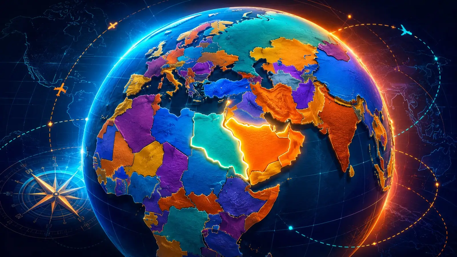 Portada del quiz «¿Con qué país limita?» con un globo terráqueo multicolor, fronteras iluminadas, rutas aéreas y una brújula sobre fondo oscuro