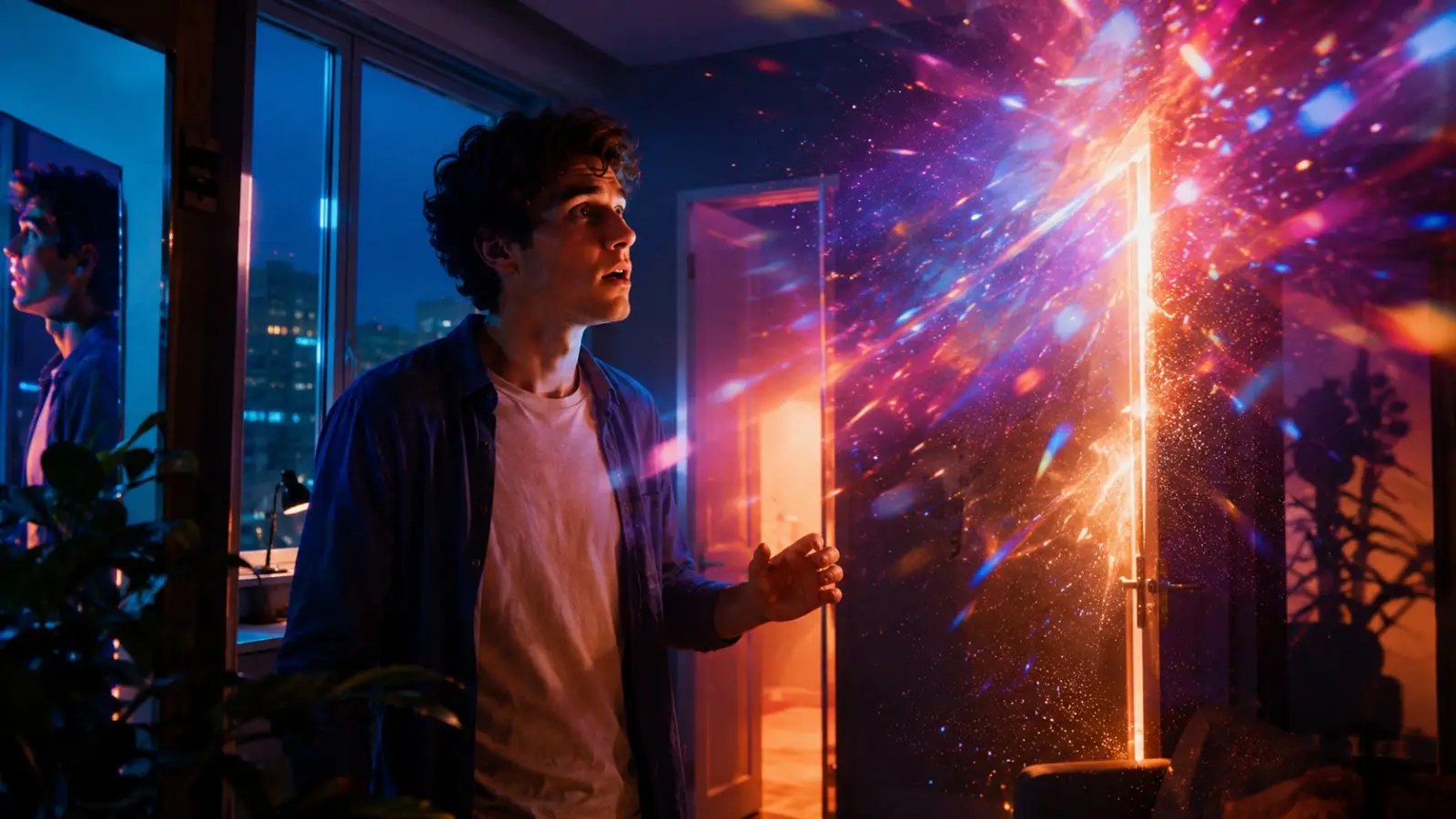 Portada de un test de personalidad con un joven sorprendido ante un estallido de luces y chispas de colores dentro de una habitación