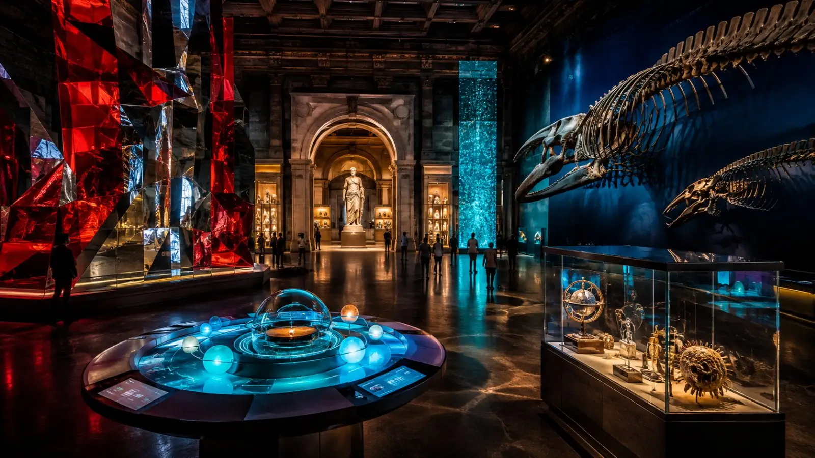 Portada del test de personalidad «¿Qué tipo de museo serías?» con esqueletos de dinosaurios, minerales rojos y una exhibición científica luminosa en una gran sala
