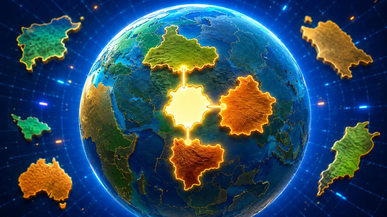 Portada del quiz de geografía con un globo terráqueo y siluetas de países resaltadas para adivinar un país por sus tres vecinos