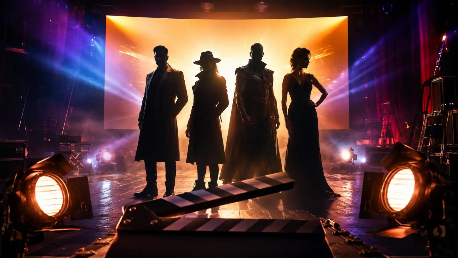 Portada de un quiz de cine con cuatro figuras de actores en silueta sobre un escenario, focos de colores y una claqueta en primer plano