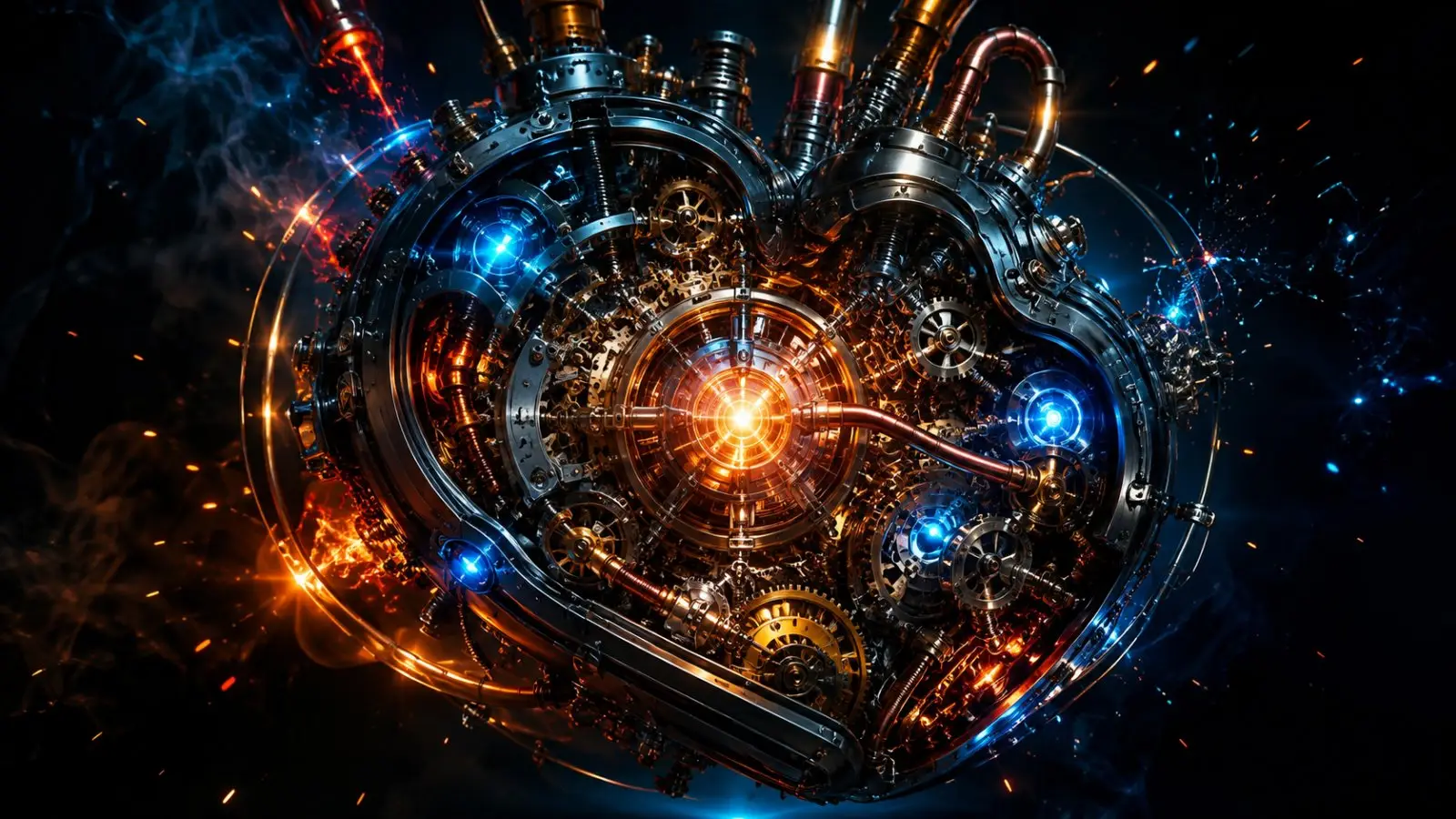 Portada del quiz sobre personalidad con un complejo mecanismo de engranajes, tubos y luces azules y naranjas sobre un fondo oscuro