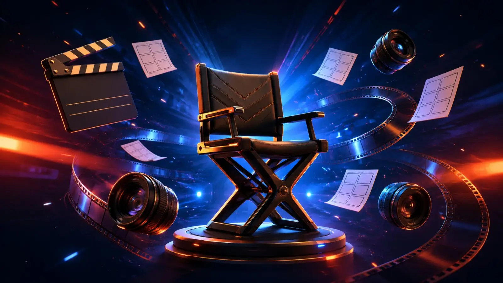 Portada del quiz de directores de cine con una silla de rodaje, claqueta, objetivos, guiones y cintas de película sobre un fondo luminoso azul y rojo