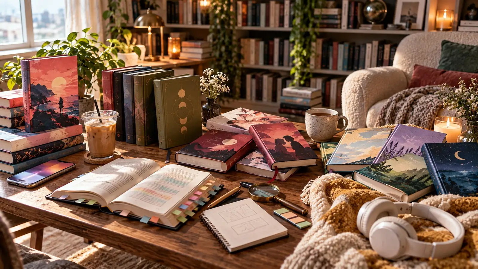 Portada de un quiz sobre tipos de lector de BookTok con libros, café, auriculares y un rincón de lectura acogedor