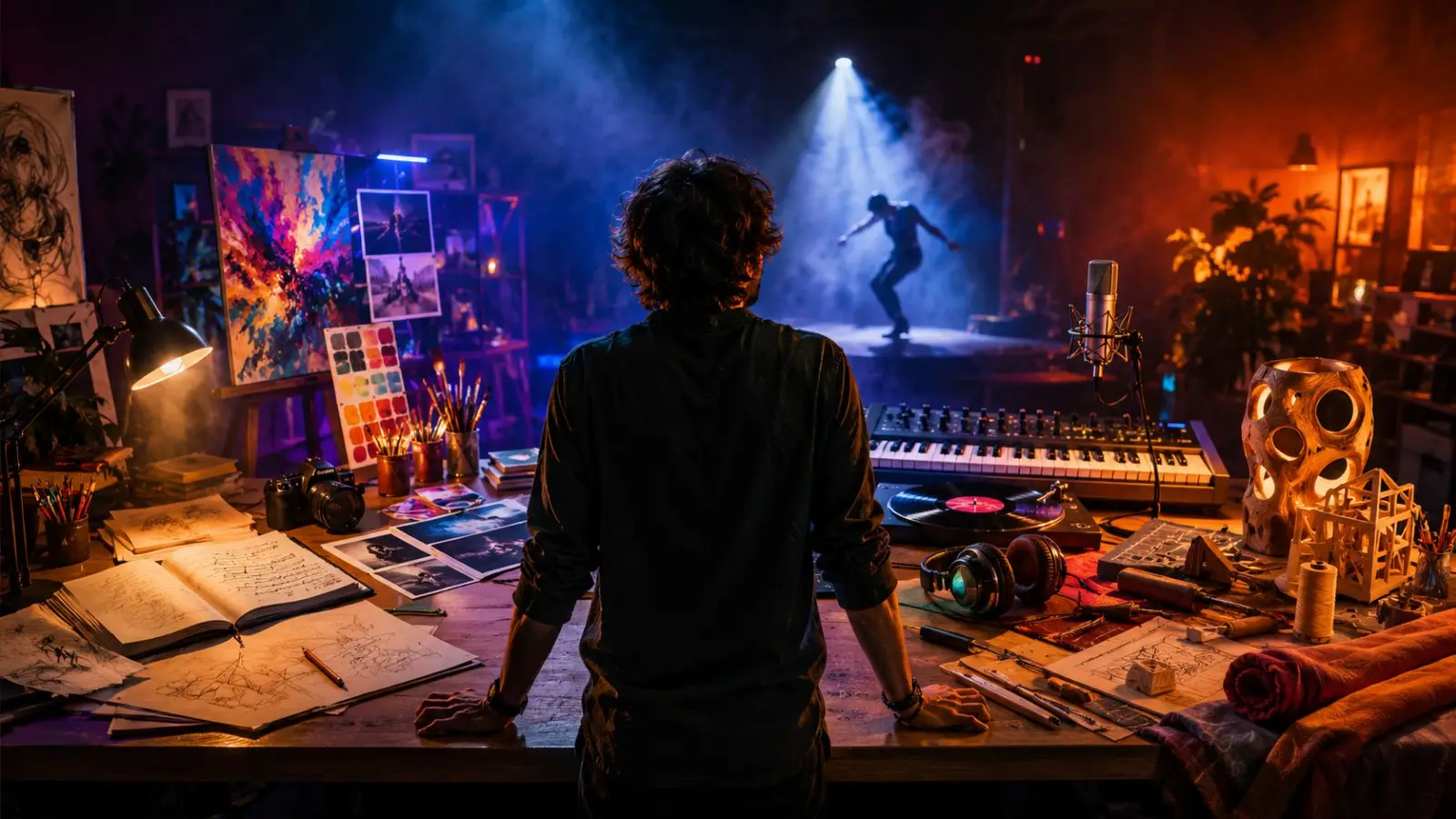 Portada del test de personalidad sobre tipos de creatividad con una persona ante una mesa llena de bocetos, pinturas, música y objetos artísticos