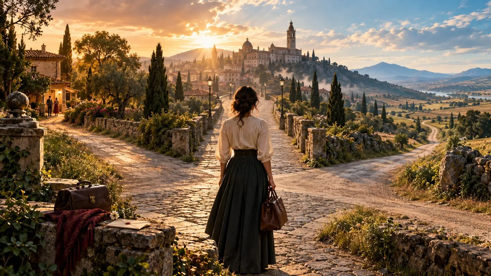 Obложка del quiz «Mal de amores» con una mujer ante un cruce de caminos al atardecer, entre un pueblo histórico y un paisaje abierto