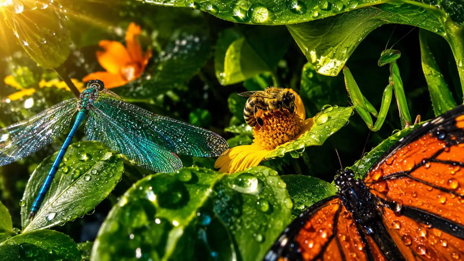 Portada del test de personalidad con mariposas, una libélula, una abeja y una mantis entre hojas verdes cubiertas de gotas de agua
