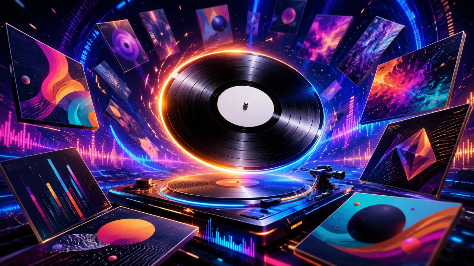 Portada del quiz «¿De quién es este álbum?» con un vinilo sobre un tocadiscos futurista, rodeado de carátulas coloridas y luces de neón