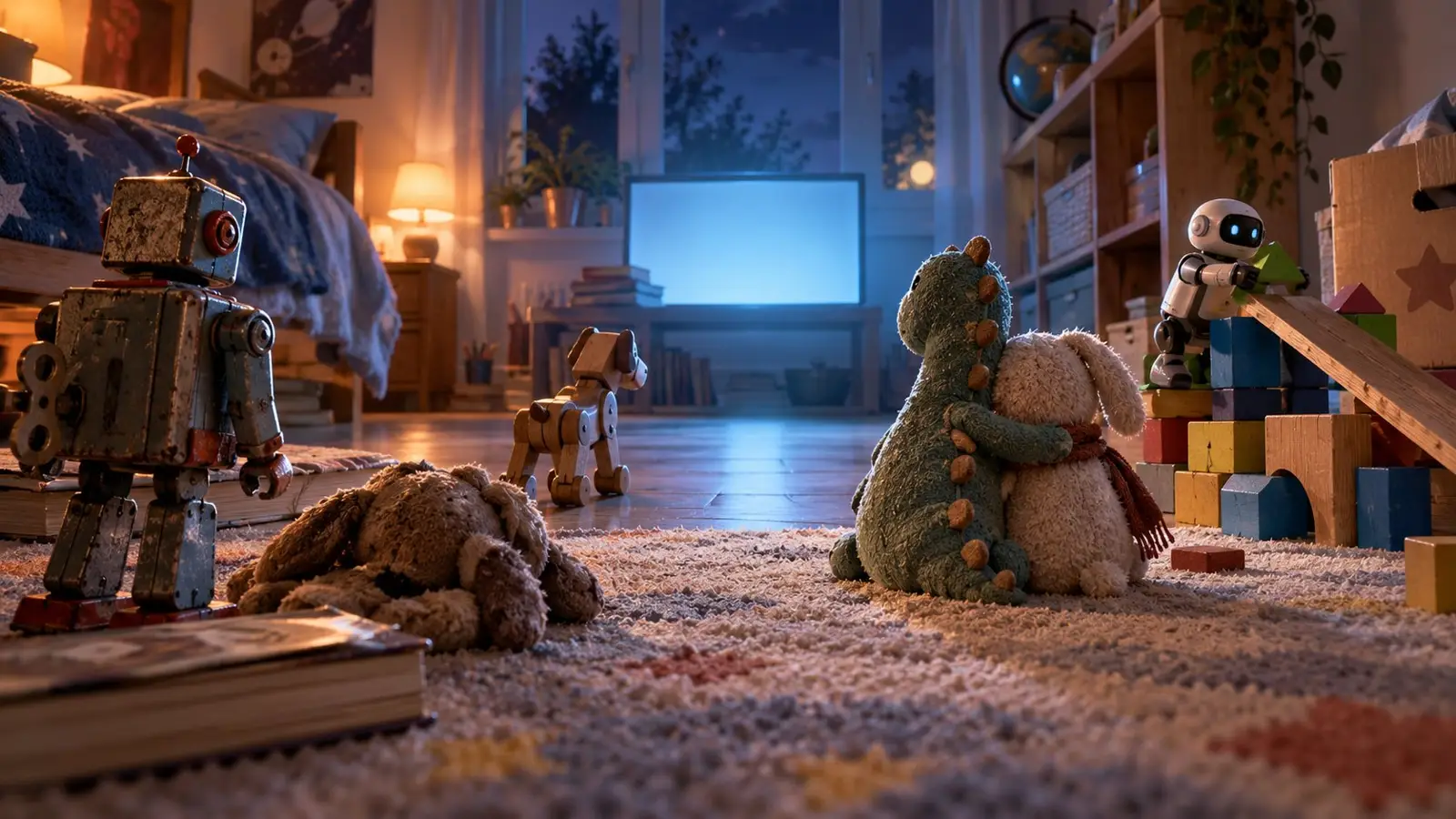 Obcover del quiz sobre Toy Story 5 con varios juguetes reunidos en una habitación infantil mientras una pantalla azul ilumina el fondo