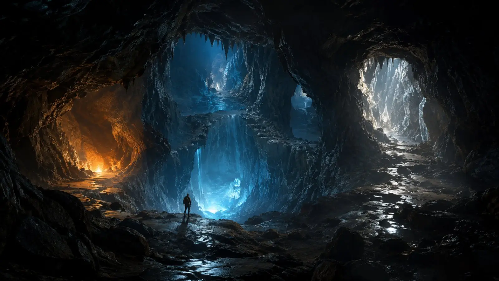 Portada del quiz sobre qué cueva refleja tu mundo interior, con una figura solitaria entre cavernas iluminadas en tonos azules, blancos y anaranjados