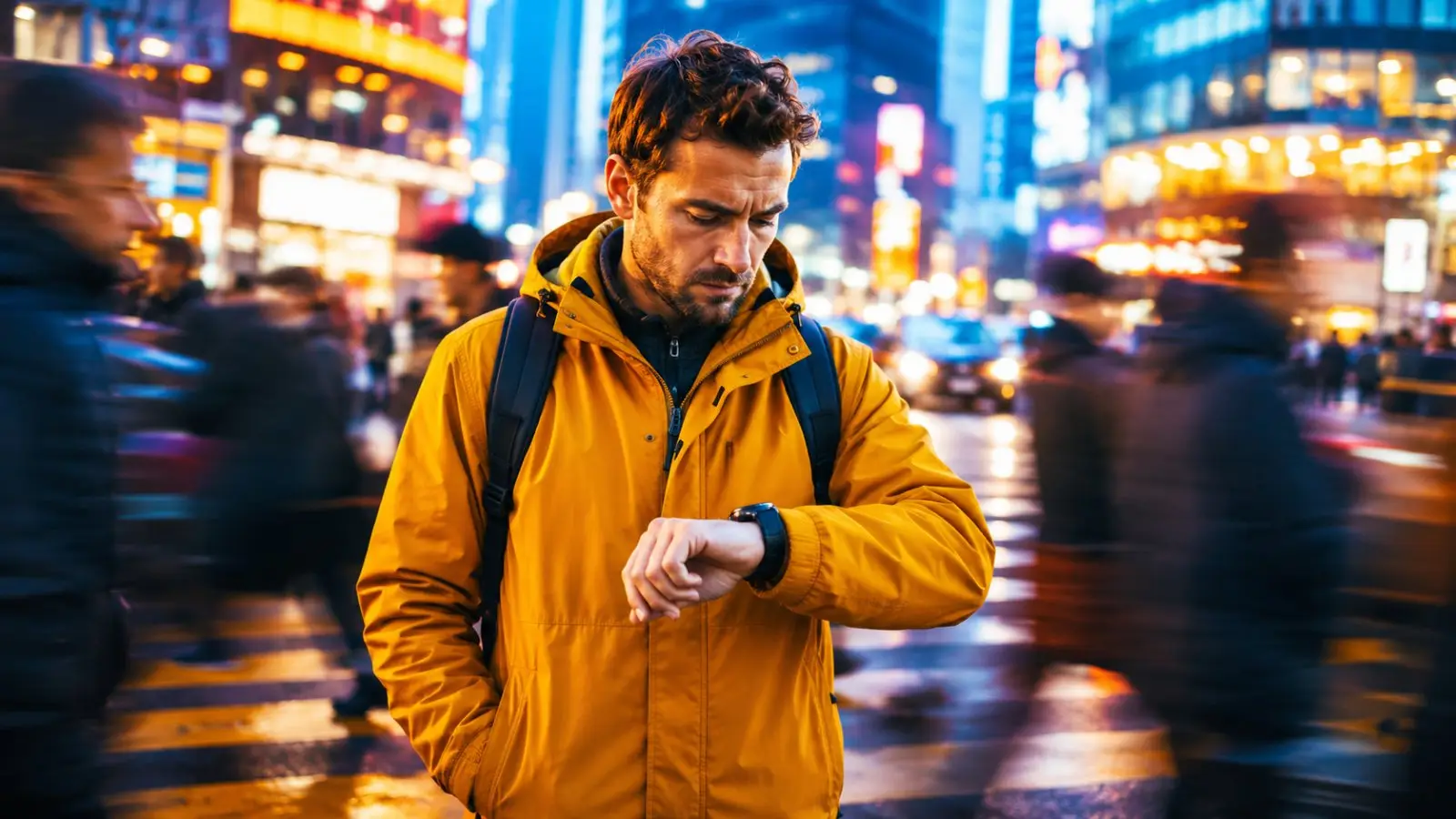 Portada del test de personalidad sobre un apagón con un hombre de chaqueta amarilla mirando su reloj entre una multitud en una ciudad iluminada