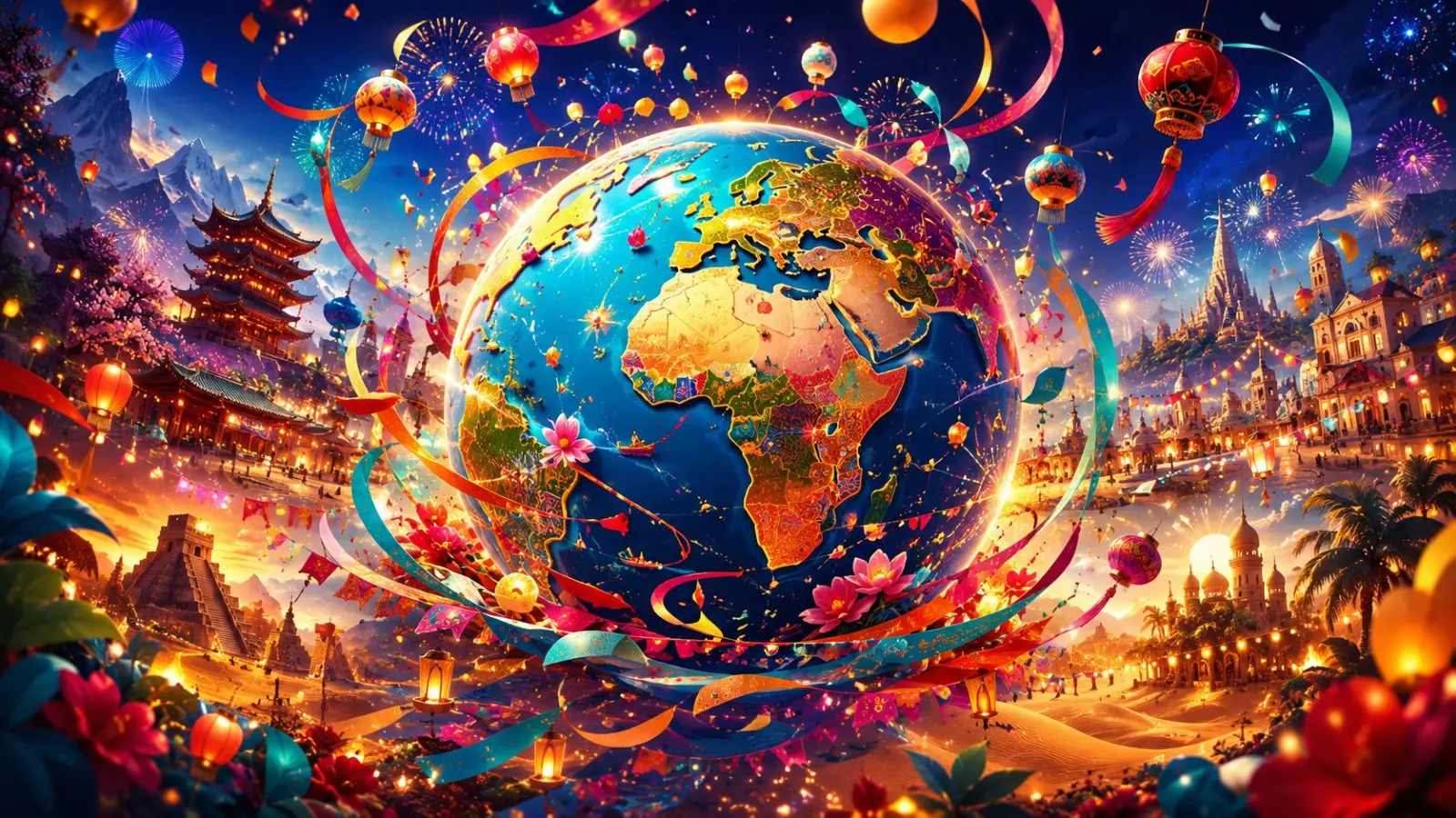 Portada del quiz «¿En qué país se celebra esta fiesta?» con un globo terráqueo rodeado de faroles, fuegos artificiales y monumentos festivos