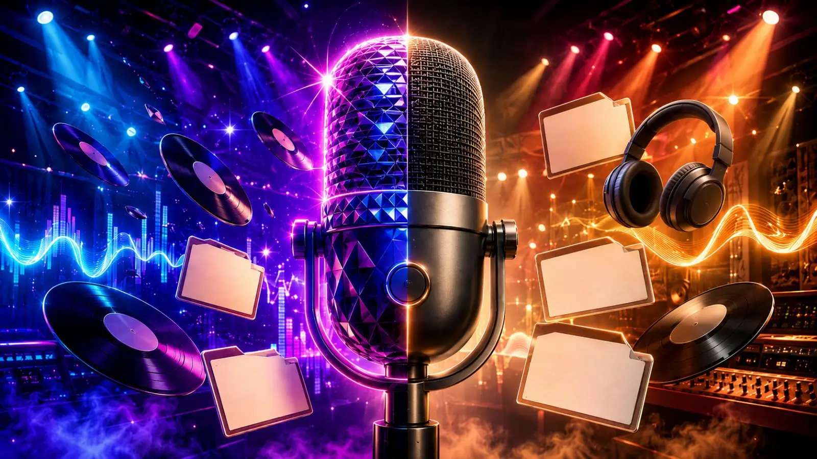 Portada del quiz sobre los nombres reales de artistas, con un micrófono central, discos de vinilo, auriculares y luces de escenario en tonos neón