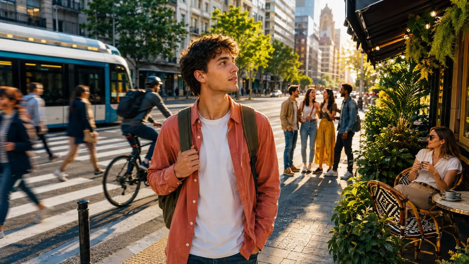 Portada del test de personalidad sobre tu ritmo de vida, con un joven con mochila caminando por una ciudad animada entre ciclistas, tranvía y terrazas