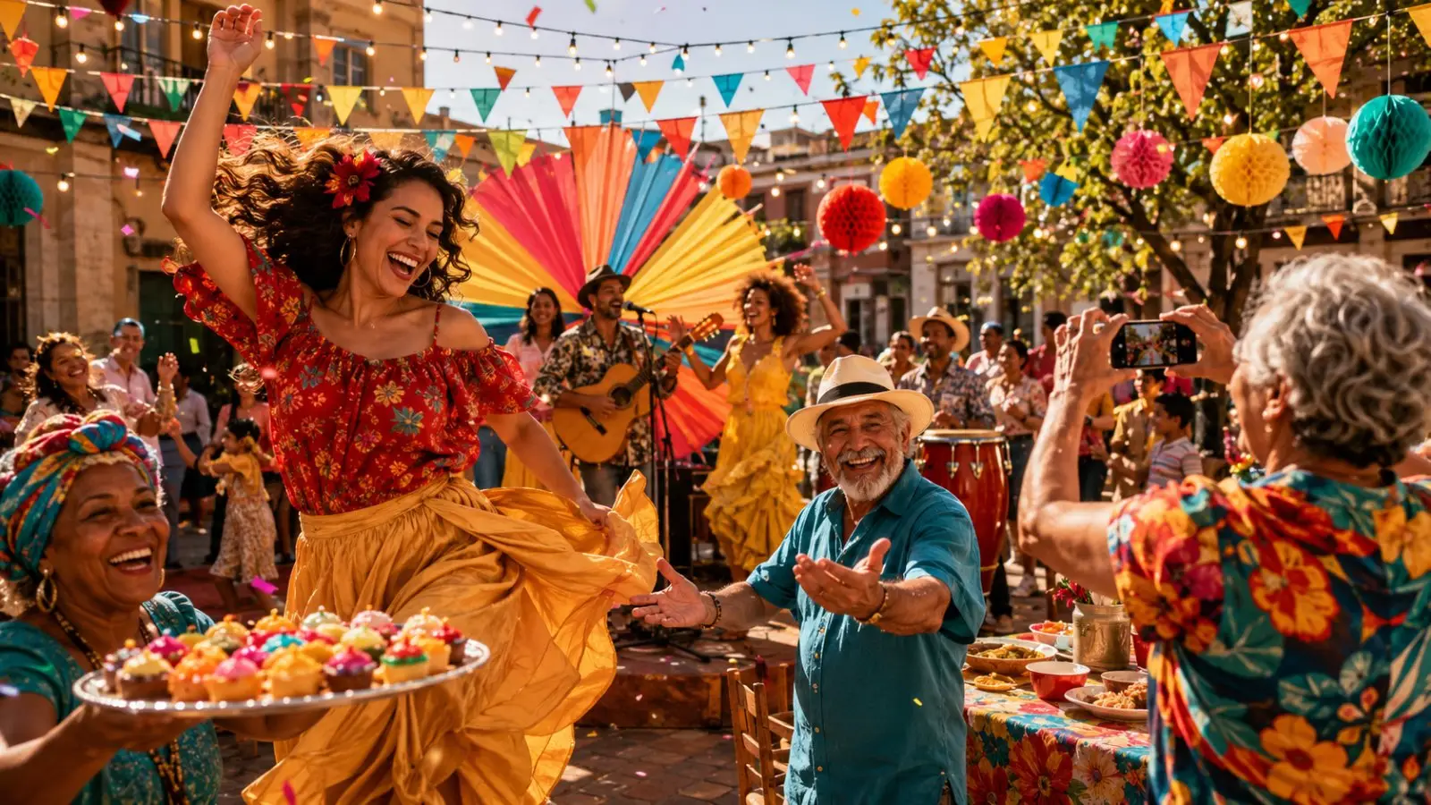 Portada del test de personalidad sobre talentos para una fiesta de barrio, con una mujer bailando entre música, comida y adornos de colores