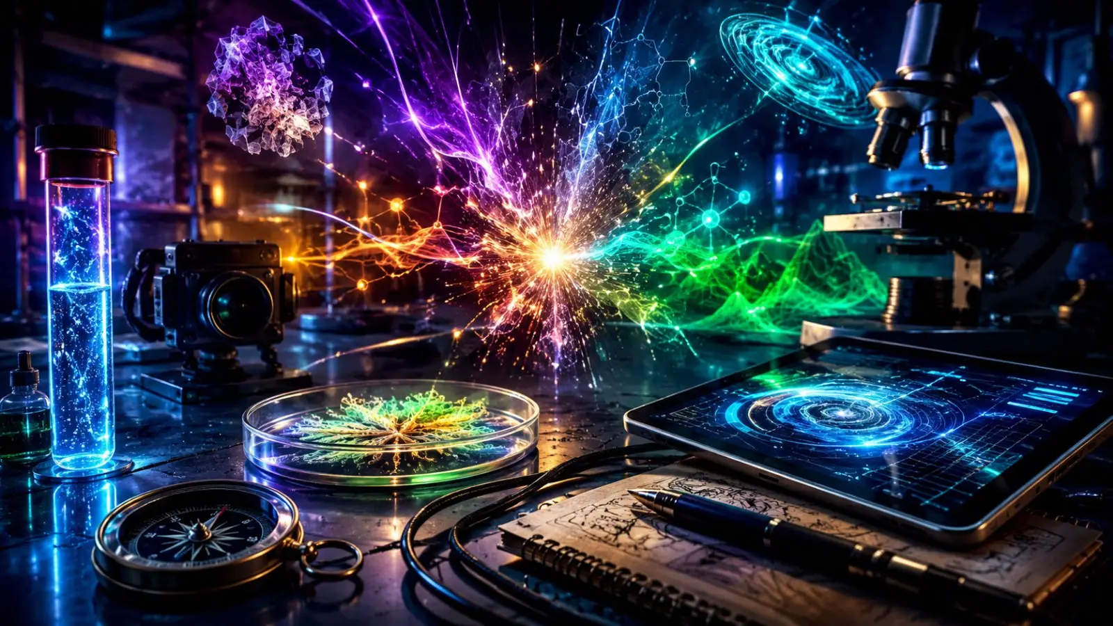 Portada del test de personalidad con microscopio, instrumentos de laboratorio y una explosión de energía multicolor que evoca un experimento científico