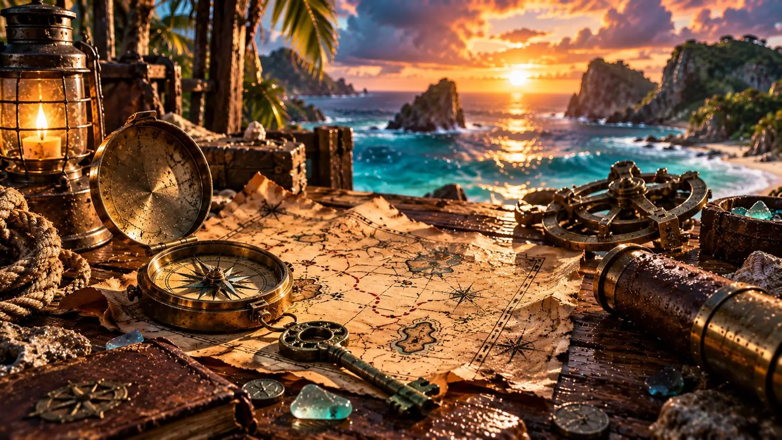 Portada del quiz sobre la temporada final de Outer Banks con mapa del tesoro, brújula, farol y costa tropical al atardecer