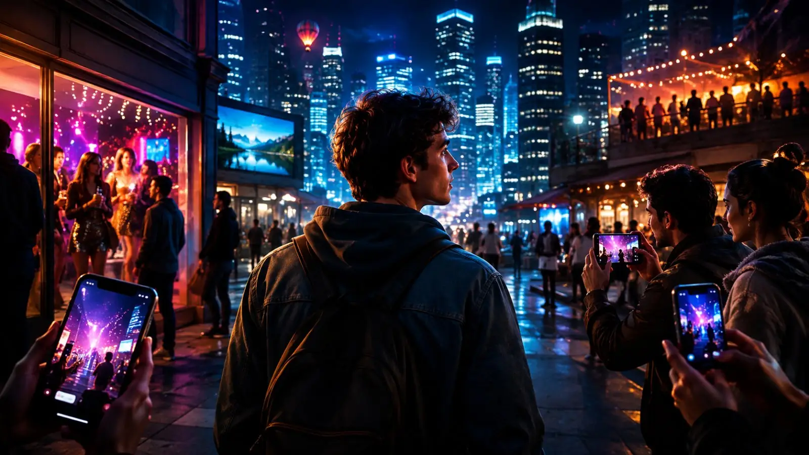 Portada del quiz «¿Cuánto te controla el FOMO?» con un joven entre multitudes, móviles y luces de fiesta en una ciudad nocturna