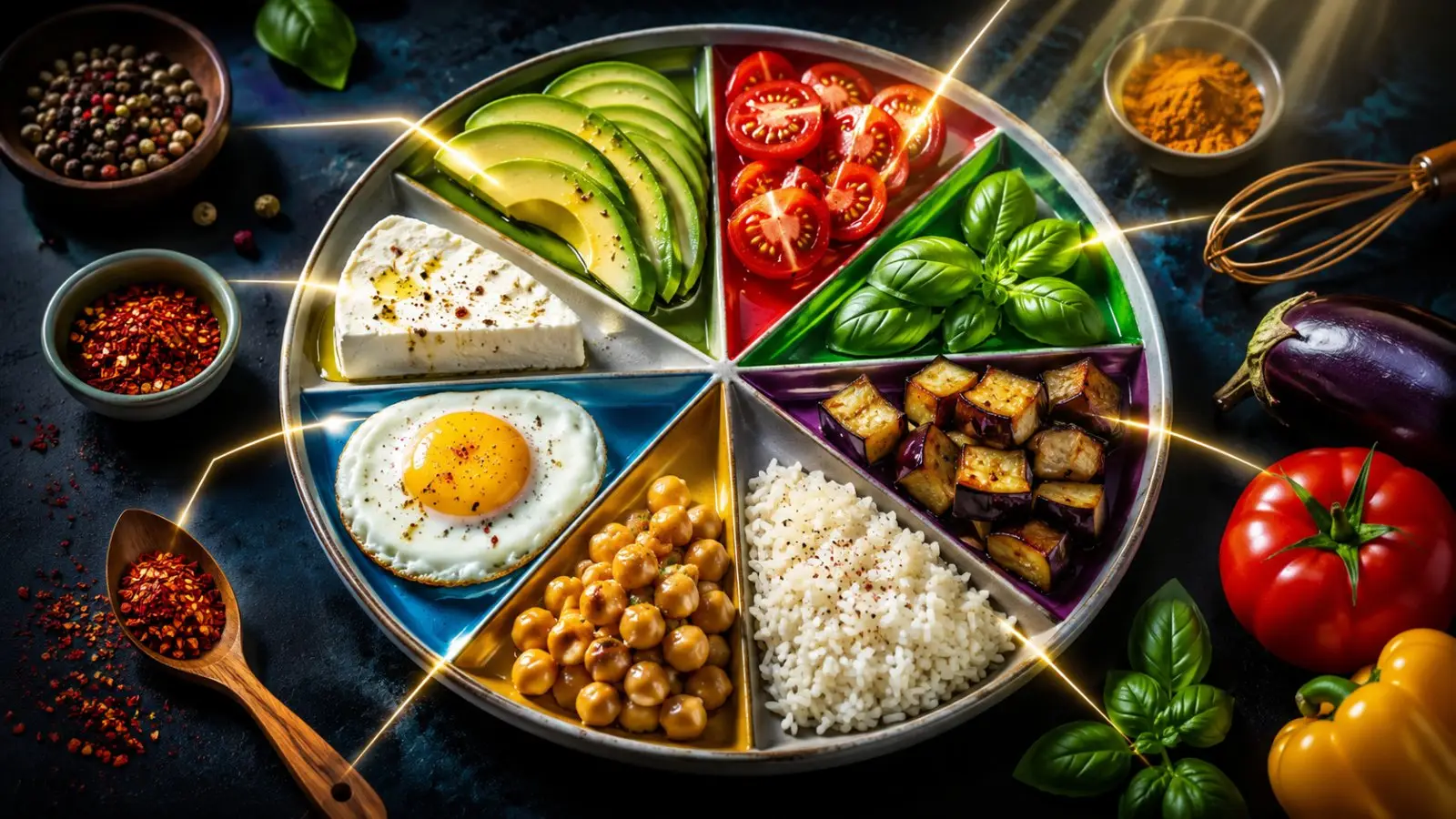 Portada del quiz de cocina para adivinar ingredientes, con un plato dividido en aguacate, tomate, albahaca, arroz, garbanzos y especias