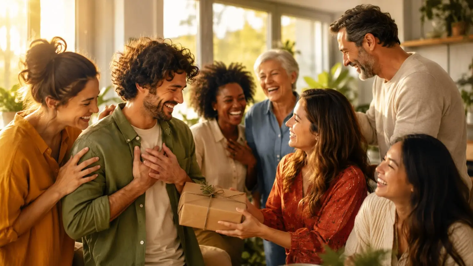 Portada del quiz «¿Cuál es tu estilo de gratitud?» con un grupo de amigos sonrientes mientras una mujer entrega una caja de regalo en un ambiente cálido