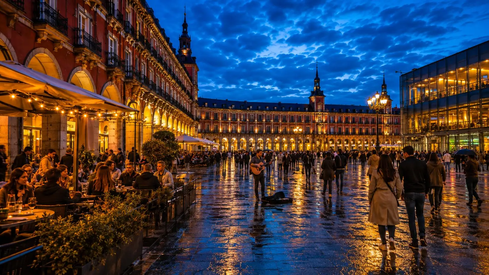 Portada del test sobre plazas del mundo, con una plaza histórica iluminada, terrazas concurridas y reflejos en el suelo mojado al anochecer