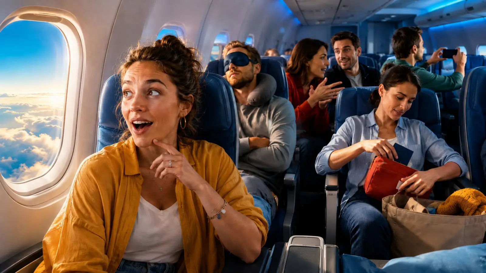 Portada del test de personalidad sobre tipos de pasajero, con viajeros durmiendo, charlando y preparando sus cosas en la cabina de un avión