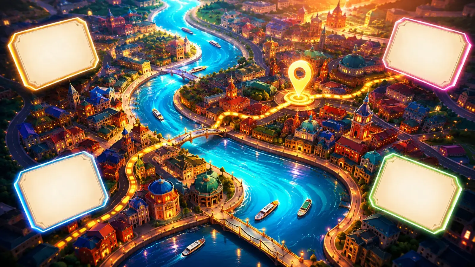 Portada del quiz de geografía para adivinar qué río atraviesa cada ciudad, con un río serpenteante entre edificios iluminados, barcos y un marcador sobre un mapa urbano estilizado