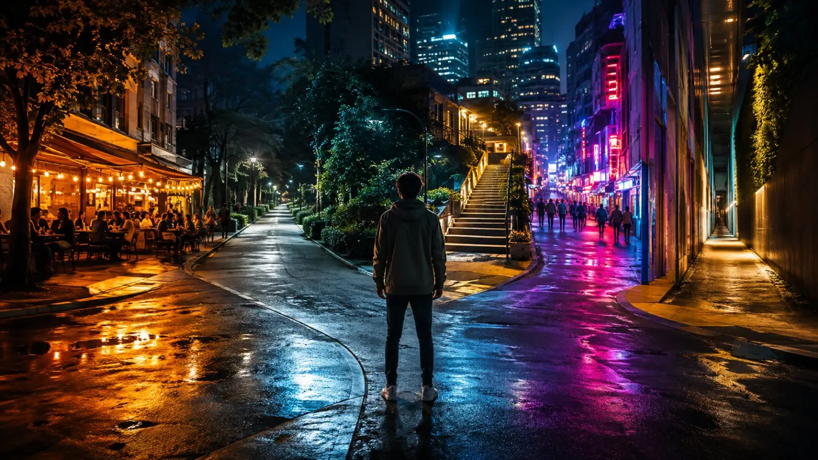 Portada del test de independencia con una persona ante varios caminos urbanos iluminados de noche, símbolo visual de elecciones y autonomía