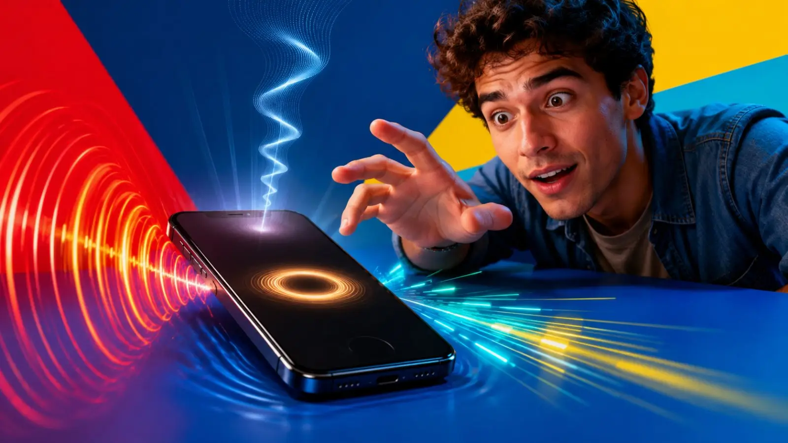 Portada del test de personalidad «Descubre qué sonido de teléfono eres» con un joven sorprendido ante un móvil que emite ondas de colores