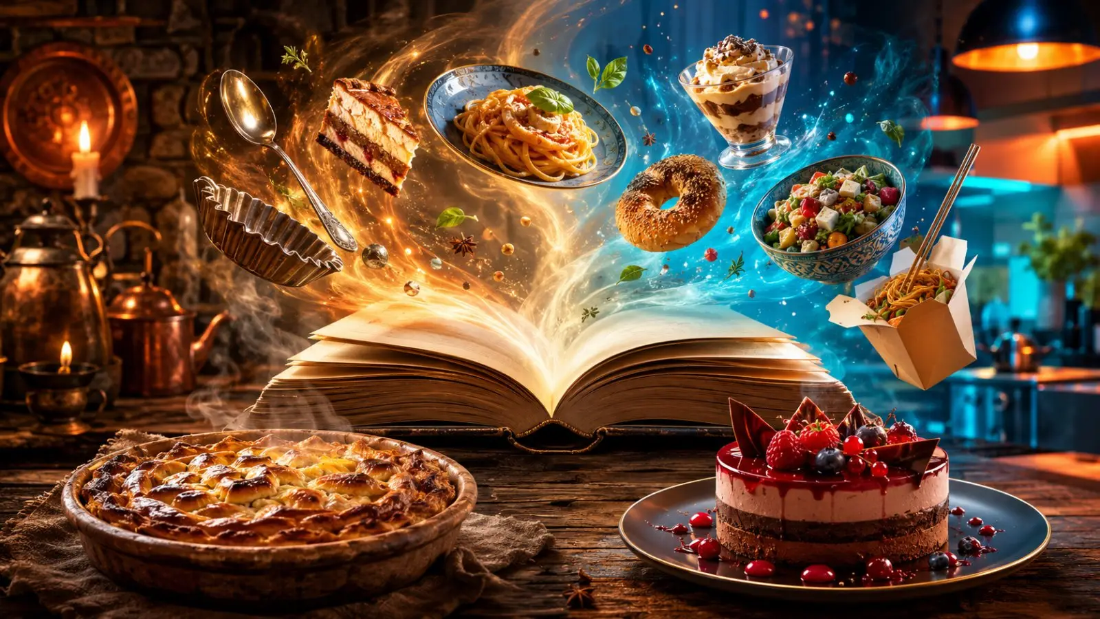 Portada del quiz gastronómico «¿Qué plato apareció primero?» con un libro abierto del que surgen pasta, pizza, ensalada y postres en una cocina mágica