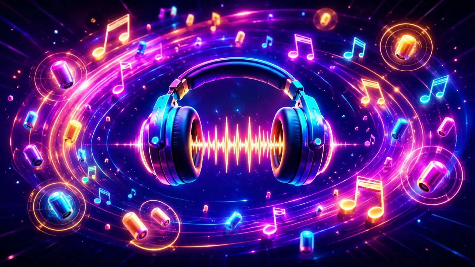 Portada del quiz sobre canciones famosas con auriculares de neón, una onda sonora y notas musicales brillantes en un fondo cósmico