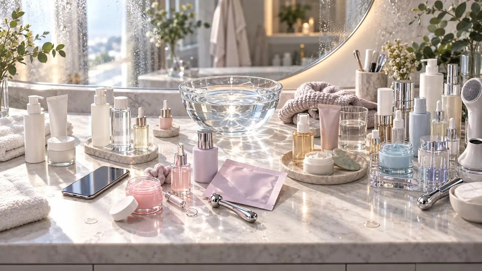 Obложка del quiz sobre glass skin con una encimera de baño llena de sérums, cremas y accesorios de cuidado facial frente a un espejo con vapor