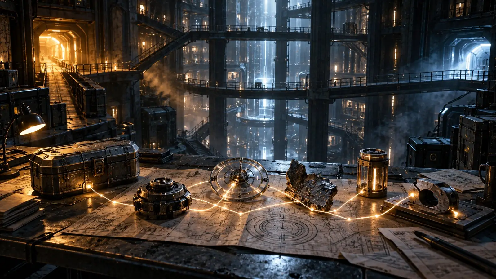 Obложка del quiz sobre las líneas temporales de Silo con una mesa de mapas y artefactos conectados por luces en un enorme complejo subterráneo