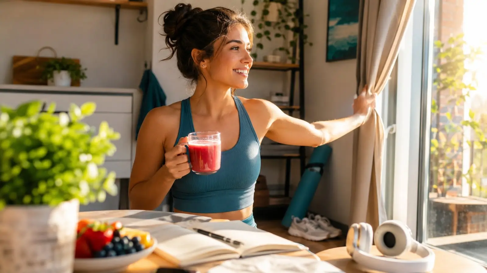Portada del test de personalidad sobre rituales diarios, con una mujer sonriente, batido rojo y cuaderno junto a una ventana luminosa