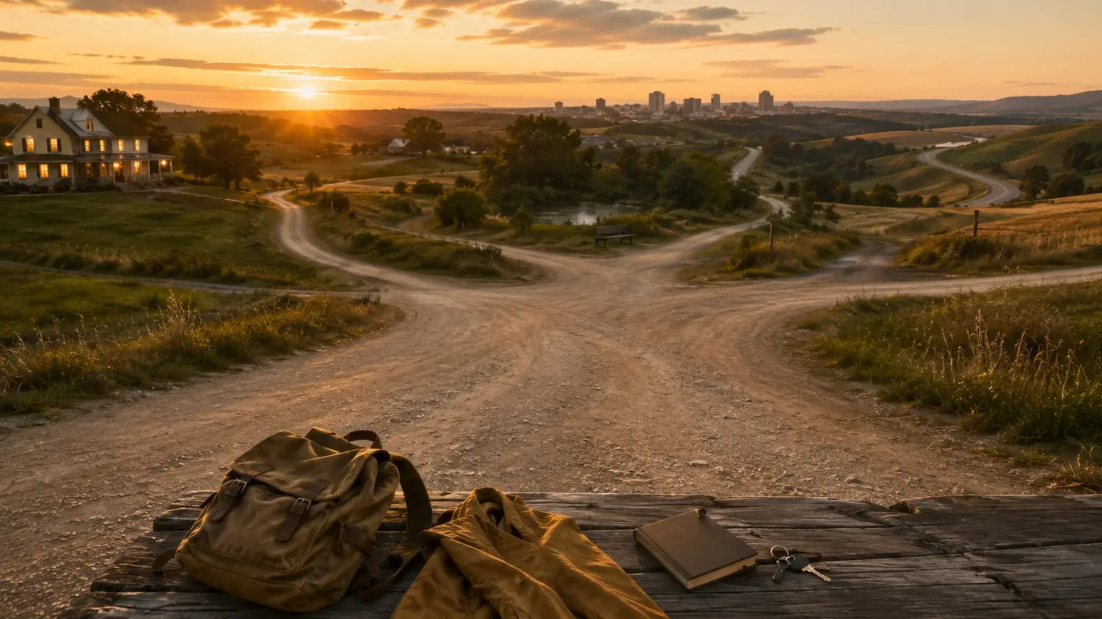Cruce de caminos al atardecer entre una casa de campo y una ciudad lejana, con mochila y objetos personales sobre una mesa de madera