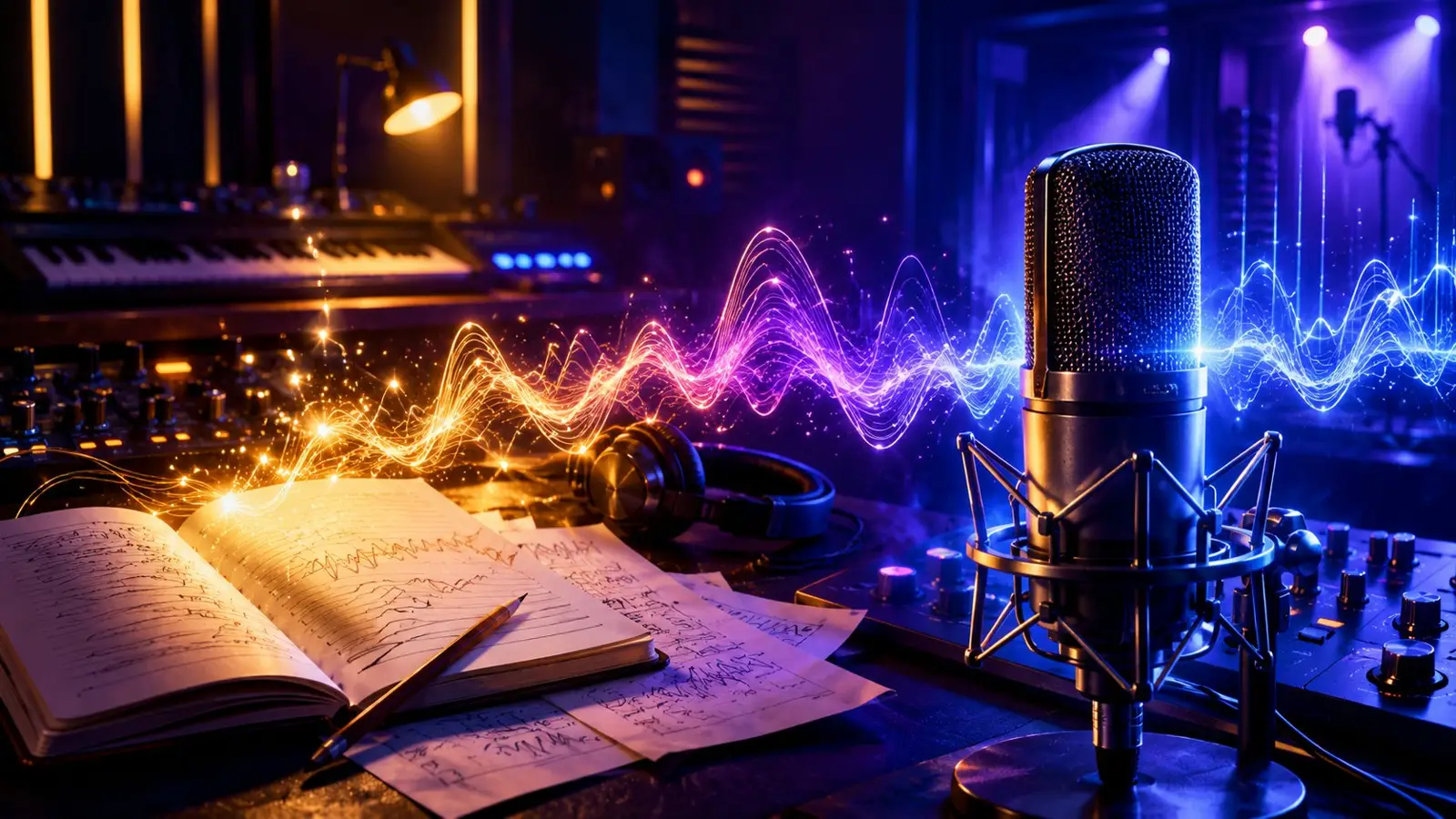 Obложка квиза sobre música y show business con micrófono de estudio, letras de canciones, auriculares y ondas sonoras de colores