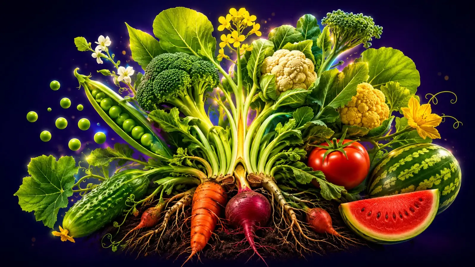 Portada del quiz sobre qué parte de la planta comemos, con zanahoria, guisantes, brócoli, coliflor, tomate, pepino y sandía entre hojas y raíces