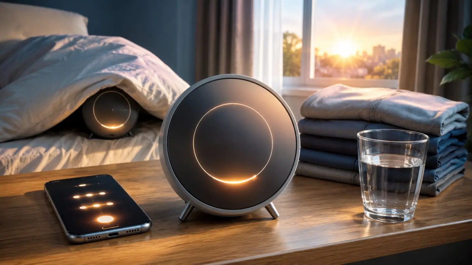 Portada del quiz «¿Qué tipo de usuario de despertador eres?» con un reloj despertador, un móvil, un vaso de agua y una cama al amanecer