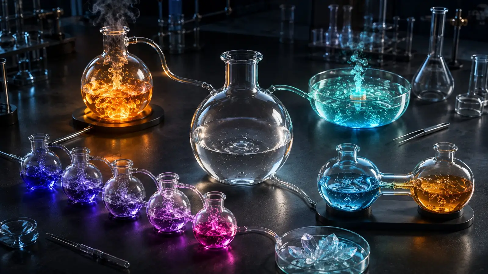 Portada de un test de personalidad con matraces y recipientes de laboratorio donde brillan distintas reacciones químicas de colores
